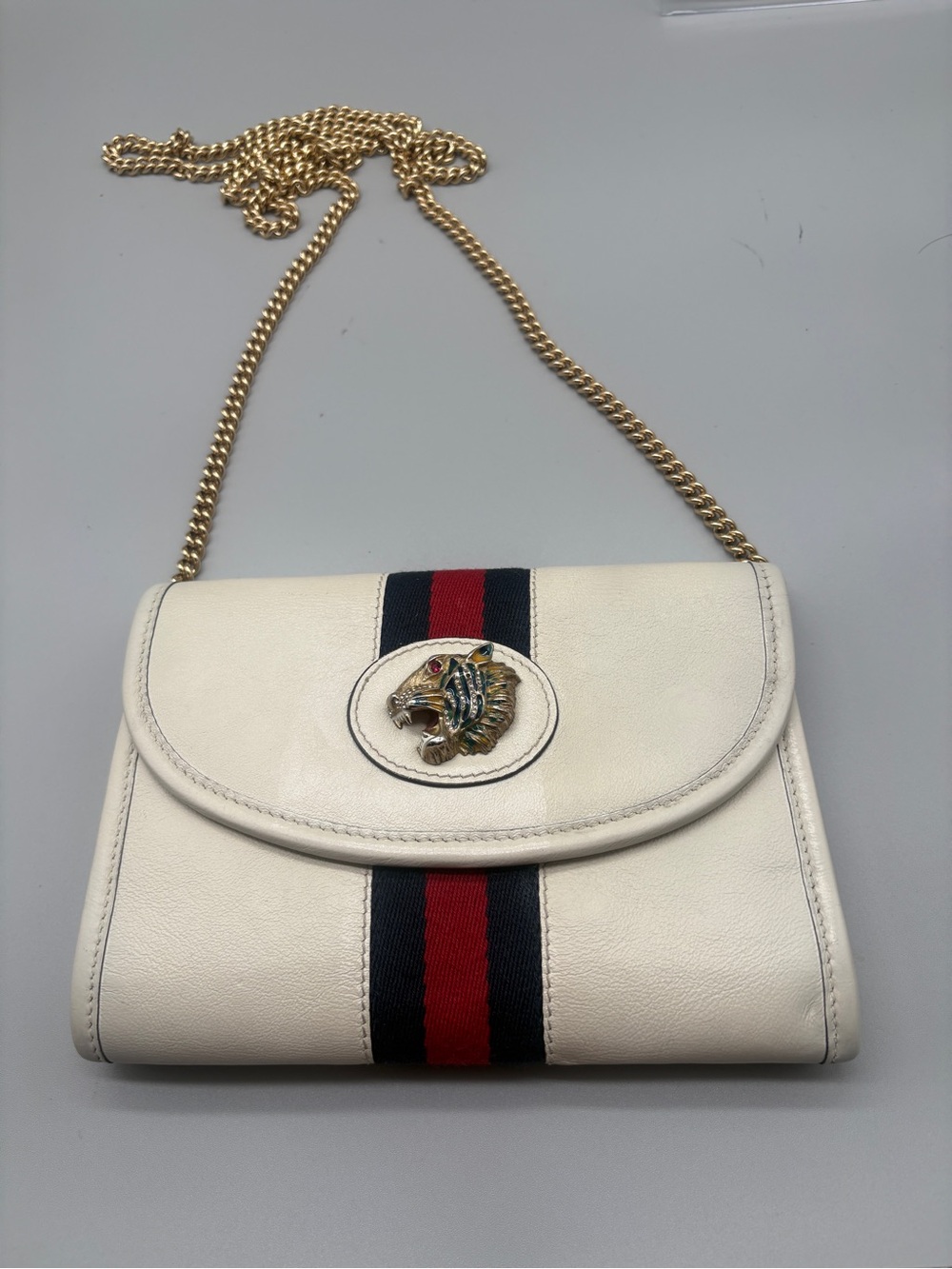 Gucci Rajah Mini White Leather Tiger Head Chain Crossbody Bag COA